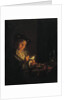 A candlelit interior with a young man seated at a table, lighting his pipe by Arnold Boonen