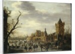 A View of Kasteel Batestein Vianen, in Winter with a Gentleman, his Wife and Retinue Watching Winter Sports on the Ice by Jan Josephsz van Goyen