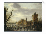 A View of Kasteel Batestein Vianen, in Winter with a Gentleman, his Wife and Retinue Watching Winter Sports on the Ice by Jan Josephsz van Goyen