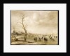 A Winter Landscape with Townsfolk Skating and Playing Kolf on a Frozen River, a Town Beyond by Aert van der Neer