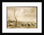 A Winter Landscape with Townsfolk Skating and Playing Kolf on a Frozen River, a Town Beyond by Aert van der Neer