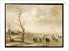 A Winter Landscape with Townsfolk Skating and Playing Kolf on a Frozen River, a Town Beyond by Aert van der Neer