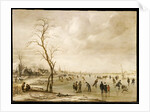 A Winter Landscape with Townsfolk Skating and Playing Kolf on a Frozen River, a Town Beyond by Aert van der Neer