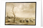 A Winter Landscape with Townsfolk Skating and Playing Kolf on a Frozen River, a Town Beyond by Aert van der Neer