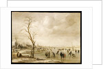 A Winter Landscape with Townsfolk Skating and Playing Kolf on a Frozen River, a Town Beyond by Aert van der Neer