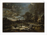 A Winter River Landscape with Figures Playing Golf and Skating by Aert van der Neer