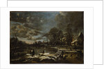 A Winter River Landscape with Figures Playing Golf and Skating by Aert van der Neer