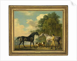 Two hunters with a young groom and a dog by a lake, 1778 by George Stubbs