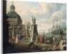 A capriccio of a Mediterranean harbour with merchants, an elegant couple on the quayside, before a statue of Hope and a baroque church, a lighthouse, a Dutch man-o-war, and other shipping beyond, 1700 by Adriaen Verdoel