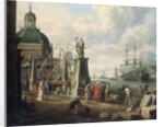 A capriccio of a Mediterranean harbour with merchants, an elegant couple on the quayside, before a statue of Hope and a baroque church, a lighthouse, a Dutch man-o-war, and other shipping beyond, 1700 by Adriaen Verdoel