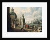 A capriccio of a Mediterranean harbour with merchants, an elegant couple on the quayside, before a statue of Hope and a baroque church, a lighthouse, a Dutch man-o-war, and other shipping beyond, 1700 by Adriaen Verdoel