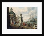 A capriccio of a Mediterranean harbour with merchants, an elegant couple on the quayside, before a statue of Hope and a baroque church, a lighthouse, a Dutch man-o-war, and other shipping beyond, 1700 by Adriaen Verdoel