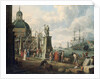 A capriccio of a Mediterranean harbour with merchants, an elegant couple on the quayside, before a statue of Hope and a baroque church, a lighthouse, a Dutch man-o-war, and other shipping beyond, 1700 by Adriaen Verdoel