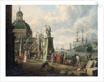 A capriccio of a Mediterranean harbour with merchants, an elegant couple on the quayside, before a statue of Hope and a baroque church, a lighthouse, a Dutch man-o-war, and other shipping beyond, 1700 by Adriaen Verdoel