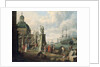 A capriccio of a Mediterranean harbour with merchants, an elegant couple on the quayside, before a statue of Hope and a baroque church, a lighthouse, a Dutch man-o-war, and other shipping beyond, 1700 by Adriaen Verdoel