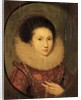 Portrait of a girl, bust-length, in a scarlet embroidered dress and lace collar by Robert Peake