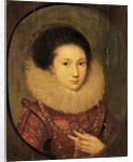 Portrait of a girl, bust-length, in a scarlet embroidered dress and lace collar by Robert Peake