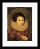 Portrait of a girl, bust-length, in a scarlet embroidered dress and lace collar by Robert Peake