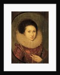 Portrait of a girl, bust-length, in a scarlet embroidered dress and lace collar by Robert Peake