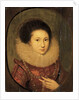 Portrait of a girl, bust-length, in a scarlet embroidered dress and lace collar by Robert Peake