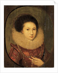 Portrait of a girl, bust-length, in a scarlet embroidered dress and lace collar by Robert Peake