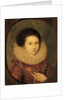 Portrait of a girl, bust-length, in a scarlet embroidered dress and lace collar by Robert Peake