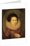 Portrait of a girl, bust-length, in a scarlet embroidered dress and lace collar by Robert Peake