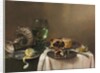 Pronk still life, with a roemer, an upturned silver tazza, a half-peeled lemon on a pewter plate, with a pie, a timepiece and a knife, 1631 by Willem Claesz. Heda