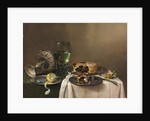 Pronk still life, with a roemer, an upturned silver tazza, a half-peeled lemon on a pewter plate, with a pie, a timepiece and a knife, 1631 by Willem Claesz. Heda