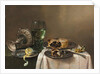 Pronk still life, with a roemer, an upturned silver tazza, a half-peeled lemon on a pewter plate, with a pie, a timepiece and a knife, 1631 by Willem Claesz. Heda