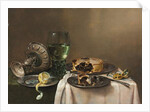 Pronk still life, with a roemer, an upturned silver tazza, a half-peeled lemon on a pewter plate, with a pie, a timepiece and a knife, 1631 by Willem Claesz. Heda