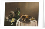 Pronk still life, with a roemer, an upturned silver tazza, a half-peeled lemon on a pewter plate, with a pie, a timepiece and a knife, 1631 by Willem Claesz. Heda