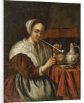 A woman smoking a pipe at a table by Edwaert Colyer or Collier