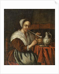 A woman smoking a pipe at a table by Edwaert Colyer or Collier