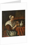 A woman smoking a pipe at a table by Edwaert Colyer or Collier