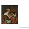 A woman smoking a pipe at a table by Edwaert Colyer or Collier