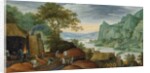 A rocky landscape with figures by an iron foundry, a river and houses on the bank beyond by Marten Ryckaert