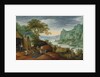 A rocky landscape with figures by an iron foundry, a river and houses on the bank beyond by Marten Ryckaert