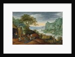 A rocky landscape with figures by an iron foundry, a river and houses on the bank beyond by Marten Ryckaert
