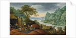 A rocky landscape with figures by an iron foundry, a river and houses on the bank beyond by Marten Ryckaert