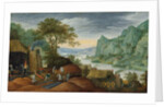 A rocky landscape with figures by an iron foundry, a river and houses on the bank beyond by Marten Ryckaert