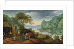 A rocky landscape with figures by an iron foundry, a river and houses on the bank beyond by Marten Ryckaert
