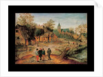 A village landscape with farmers conversing in the foreground, 1634 by Pieter the Younger Brueghel