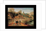 A village landscape with farmers conversing in the foreground, 1634 by Pieter the Younger Brueghel