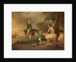 Sir John Palmer on his favourite mare with shepherd Joseph Green and prize Leicester Longwool sheep by John E. Ferneley