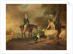 Sir John Palmer on his favourite mare with shepherd Joseph Green and prize Leicester Longwool sheep by John E. Ferneley