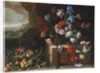 Chrysanthemums, tulips, irises and other flowers and fruit in a landscape by Giovanni Stanchi