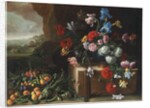 Chrysanthemums, tulips, irises and other flowers and fruit in a landscape by Giovanni Stanchi