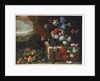 Chrysanthemums, tulips, irises and other flowers and fruit in a landscape by Giovanni Stanchi
