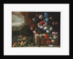 Chrysanthemums, tulips, irises and other flowers and fruit in a landscape by Giovanni Stanchi